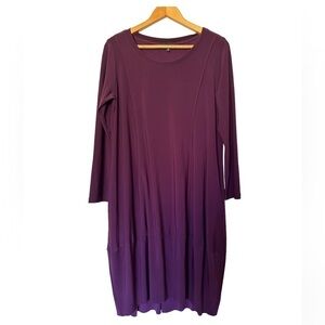 Sun Kim Plum Purple Lagenlook Pear-Shape Cut Midi Dress Pockets and Pleats‎ Sz S